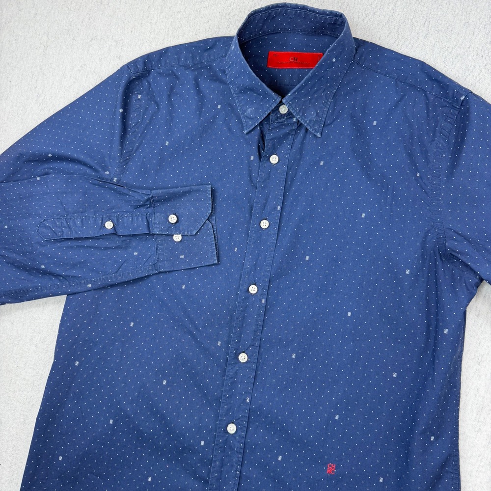 Carolina Herrera Mens Navy Blue Micro Dot Monogram Button Down Shirt 15.5